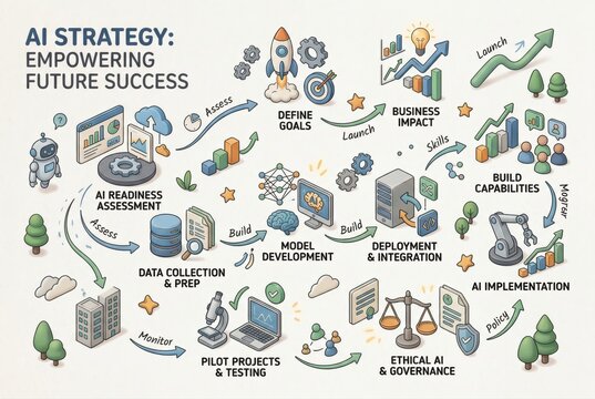 AI strategy framework demonstrating the roadmap for empowering sustainable future success through effective deployment analytics and ethical governance principles