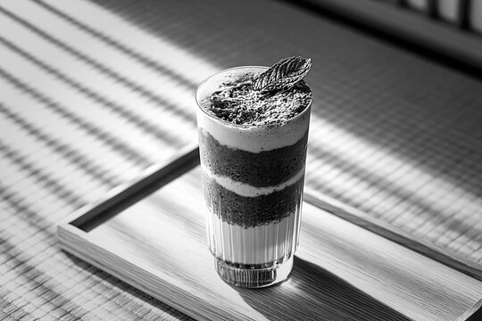 Beni imo smoothie with layered cream and mint leaf on a wooden tray