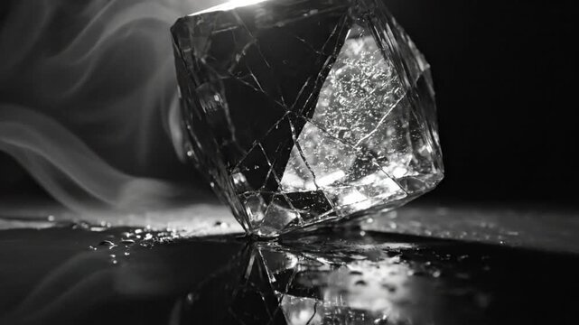 Dramatic slow motion close up of a geometric ice cube with a bright light and vapor with reflective water droplets in black and white