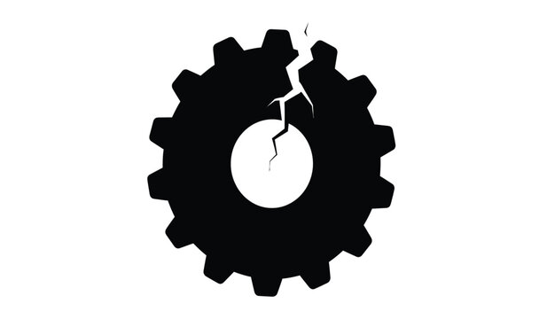 A stark black graphic depicts a fractured gear with a prominent central void symbolizing breakdown or disruption as a silhouette high quality professional detailed