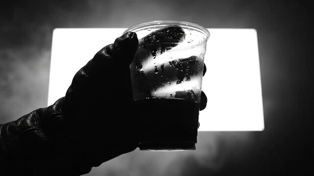 Black and white shot of a gloved hand holding a drink in front of a bright screen with smoke