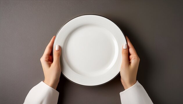 a pair of hands gently holding a clean white plate on a minimalist background perfect for culinary presentations and food photography