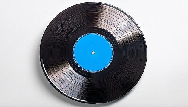 a classic black vinyl lp record with a blank vibrant blue label isolated on a clean white background