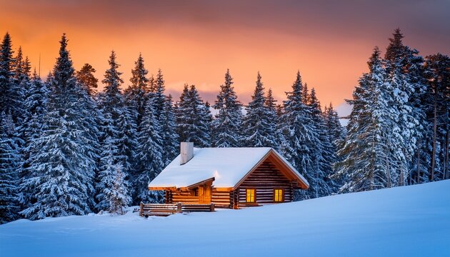 this is a cozy atmospheric image of a rustic log cabin nestled in a snowy evergreen forest at twilight