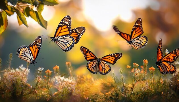 a vibrant image showcasing several monarch butterflies in flight against a blurred natural background