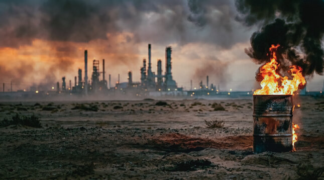 a metal barrel burning with intense orange flames and thick black smoke in a barren desert, with a large industrial oil refinery complex in the background under a dramatic sunset sky