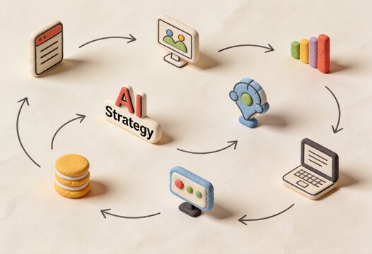 Innovative AI Strategy Components in Digital Marketing Ecosystem Represented by Colorful Icons for Strategic Business Planning captured with clarity
