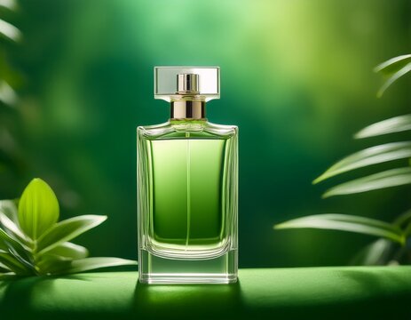 luxury glass perfume bottle on a vibrant green background showcasing fragrance and beauty in a transparent container