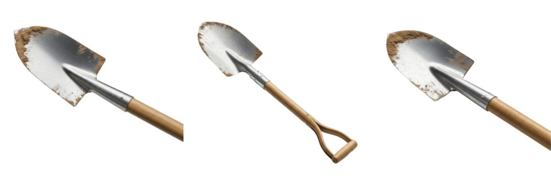 Stainless Steel Garden Shovel with Wooden Handle for Landscaping, Digging Tool, Outdoor Gardening Equipment, Realistic Metal Texture Graphic Design Assets.