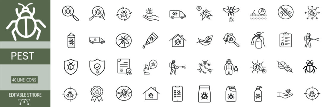 Insecticide line icons set pathogen analysis application parasite lifecycle disinfection van bug guard sanitization equipment tracker & more vector illustration with editable stroke.