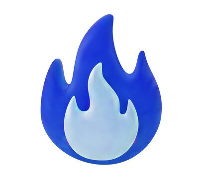 Minimalist blue 3D fire flame icon isolated on a white background. Realistic glossy render of a blue gas fire symbol.