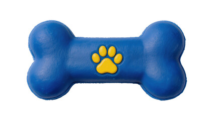Blue bone-shaped dog toy with yellow paw print, isolated on transparent background © Eoin