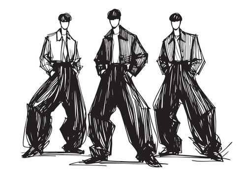 Cartoon abstract fashion models man sketch in dress, black. irl in wide pants