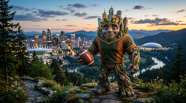 Fantasy tree creature mascot holding football overlooking city skyline at sunset creating magical sports themed cinematic scene with vibrant urban landscape