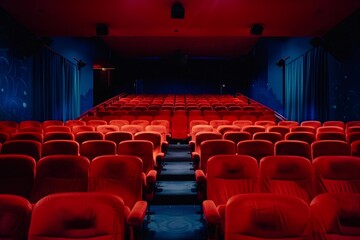 Fototapeta premium Rows of red seats facing a dark screen in an empty cinema auditorium, creating an anticipation for the upcoming movie