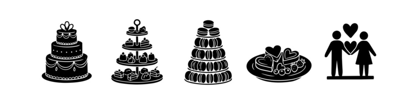 Collection of black and white silhouette icons for weddings and celebrations, featuring a tiered cake, macaron tower, dessert stand, heart treats, and a romantic couple.