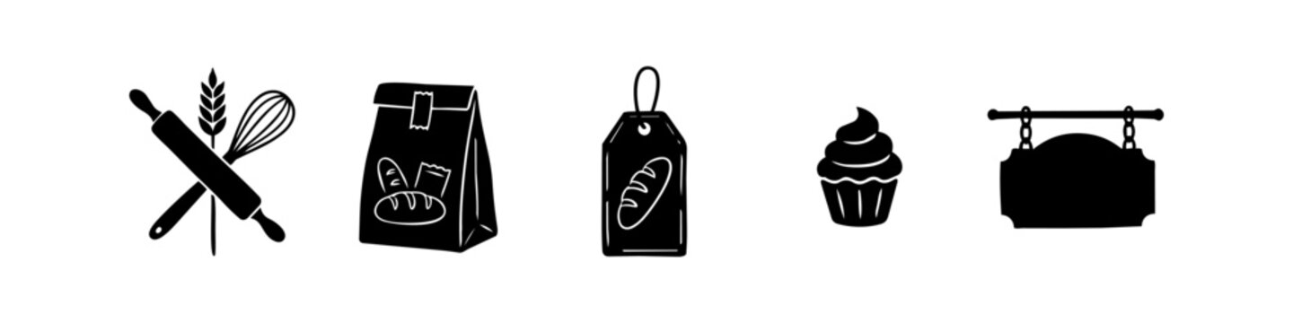 Set of minimalist black bakery and pastry shop icons featuring a rolling pin, whisk, wheat, bread bag, label, cupcake, and a hanging sign, isolated on white background.