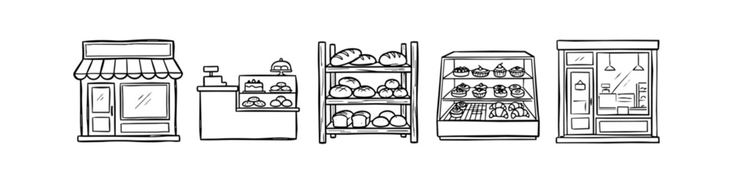 Hand-drawn bakery and storefront illustration set featuring shop exteriors, bread shelves, pastry display cases, and a service counter in a sketchy doodle style.