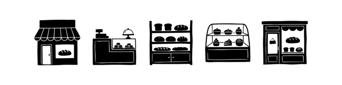 Set of black and white hand-drawn bakery icons featuring storefronts, bread shelves, pastry displays, and a cash register. Ideal for small business branding, menus, and shop illustrations.