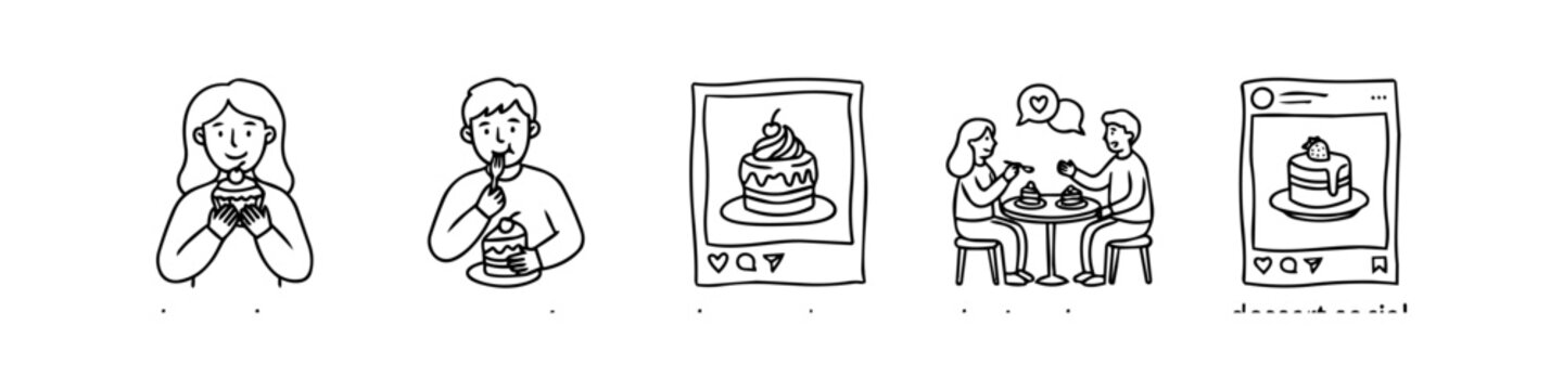 Set of hand-drawn line art icons depicting people enjoying desserts and sharing food photos on social media. Features cupcakes, cake, and cafe scenes in a minimalist doodle style.