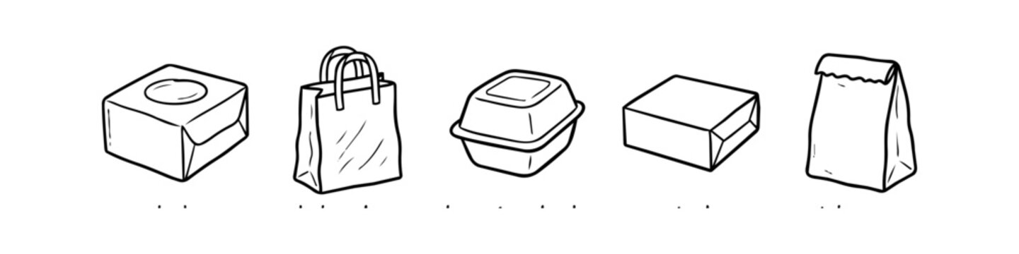 Set of black and white hand-drawn vector illustrations of various food packaging items like boxes, bags, and containers, ideal for delivery and takeaway branding concepts.