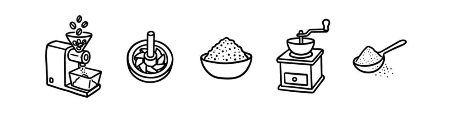 Set of minimalist line icons illustrating coffee grinding: electric grinder, manual hand-crank mill, burr mechanism, bowl of fresh coffee grounds, and a measuring spoon.