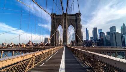 Naklejka premium Pedestrian Walkway On Brooklyn Bridge Towards Manhattan Skyline.