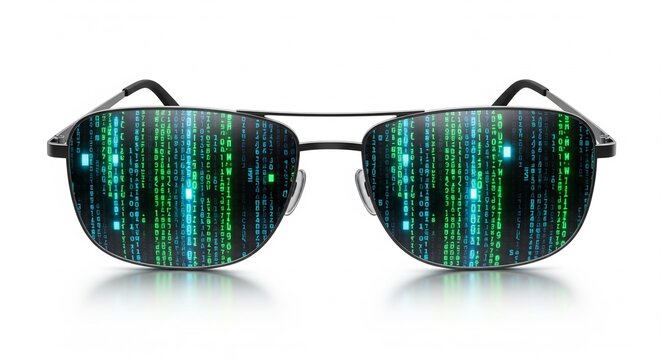 Cybersecurity sunglasses with digital matrix code, futuristic eyewear reflecting green binary data stream, virtual reality glasses on white background