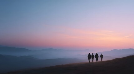 Fototapeta premium A team walks across a hilltop toward the expansive view at dawn set against layered mountains and a colorful sky