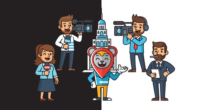 Cartoon illustration of media team with bear mascot.