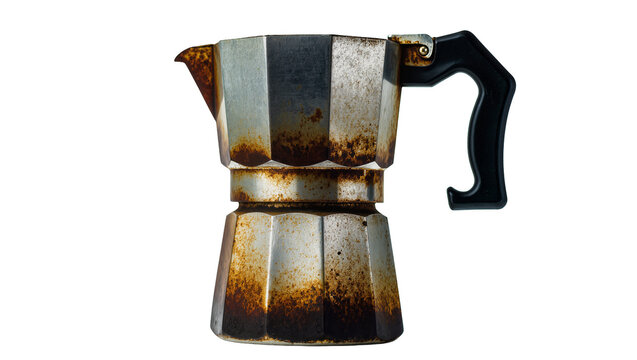Rusty old aluminum moka pot with black handle, isolated on transparent background