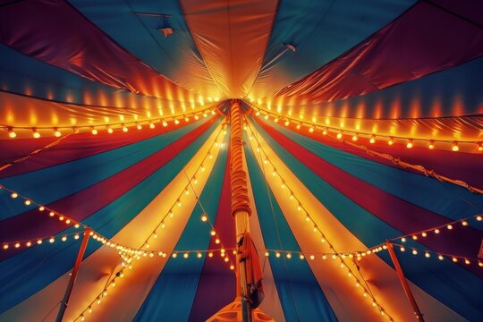 Inside view of a vibrant circus tent with colorful stripes and glowing lights, creating a festive atmosphere