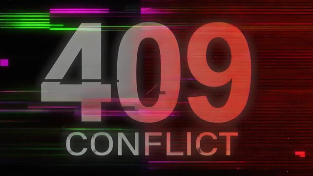 Glitch distorted cyber network interface displaying 409 Conflict HTTP status code across neon digital server error screen
