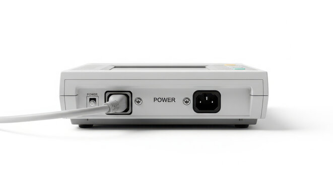 Close-up of a medical device power supply unit with connected cable, highlighting electrical input and control buttons on a white background.