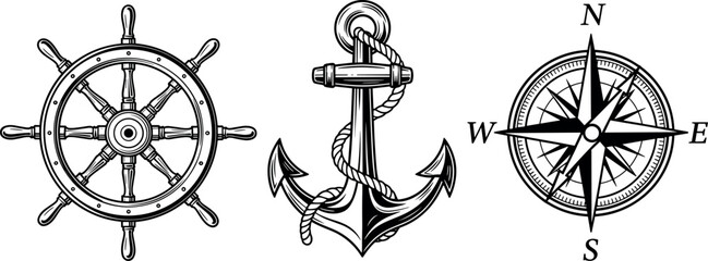 Vintage Nautical Icon Set Featuring Ship Steering Wheel Anchor with Rope and Compass Rose for Marine Travel Adventure and Maritime Logo Designs © Jisan