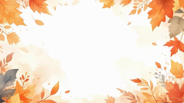 Orange autumn leaves arranged as seasonal decorative border frame watercolor painting illustration