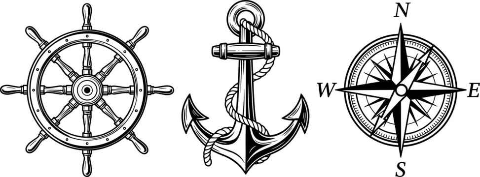 Vintage Nautical Icon Set Featuring Ship Steering Wheel Anchor with Rope and Compass Rose for Marine Travel Adventure and Maritime Logo Designs
