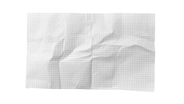 Crumpled graph paper sheet with grid lines, isolated on transparent background