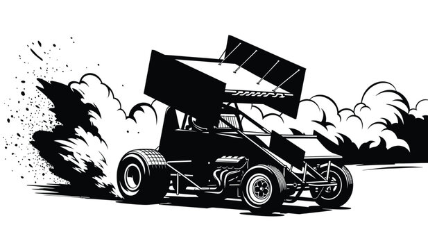 A dynamic illustration showcases a sprint car speeding along a track kicking up dirt and debris presented as a striking silhouette high quality professional