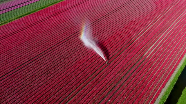 Aerial view of vibrant red tulip fields in parallel rows with an active water sprinkler creating a small rainbow Alkmaar, North Holland, Netherlands.
