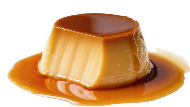 Golden caramel custard dessert with liquid caramel sauce, isolated on transparent background