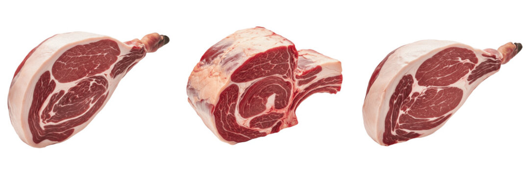 Set and collection of raw meat isolated on white transparent png background