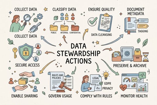 Conceptual Framework of Data Stewardship Actions Including Collecting Data, Ensuring Quality, Documenting Metadata, and Governing Usage to Preserve and Archive Information Effectively