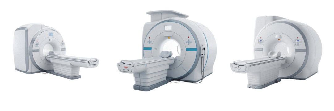 Modern Medical MRI Scanner Machine PNG Set Isolated on White Background for Hospital Equipment, Healthcare Technology, Realistic Tech Gadget Graphic Design Assets.