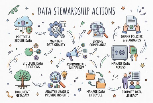 Comprehensive data stewardship actions for enhancing data quality and compliance through effective management strategies and promoting organizational data literacy