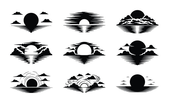 Minimalist Sunsets and Sunrises Vector Icons, Abstract Horizon Logos, Cloud and Water Reflections, Set of 9 Graphic Elements
