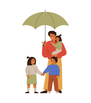 happy young man protect his children by umbrella. Family support and childcare concept. Fathers day concept. vector illustration