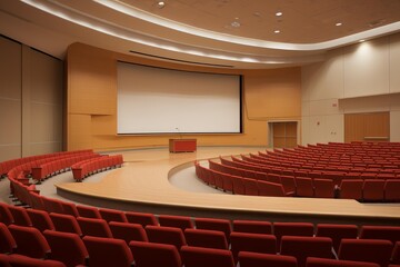Naklejka premium Empty modern auditorium or lecture hall with red chairs and a wooden podium, ready for a conference or presentation