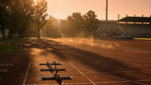 Empty running track lanes, starting blocks visible, morning golden hour light, athletic facility
