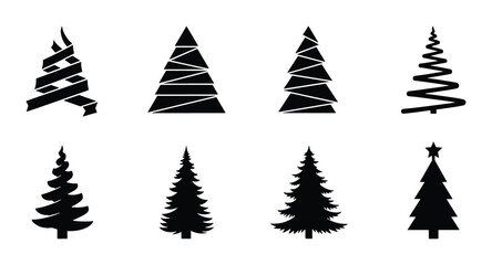 Obraz premium Set of 8 Black Christmas Tree Silhouettes, Festive Vector Icons for Holiday Design, Winter Celebration Graphics, Modern Tree Shapes